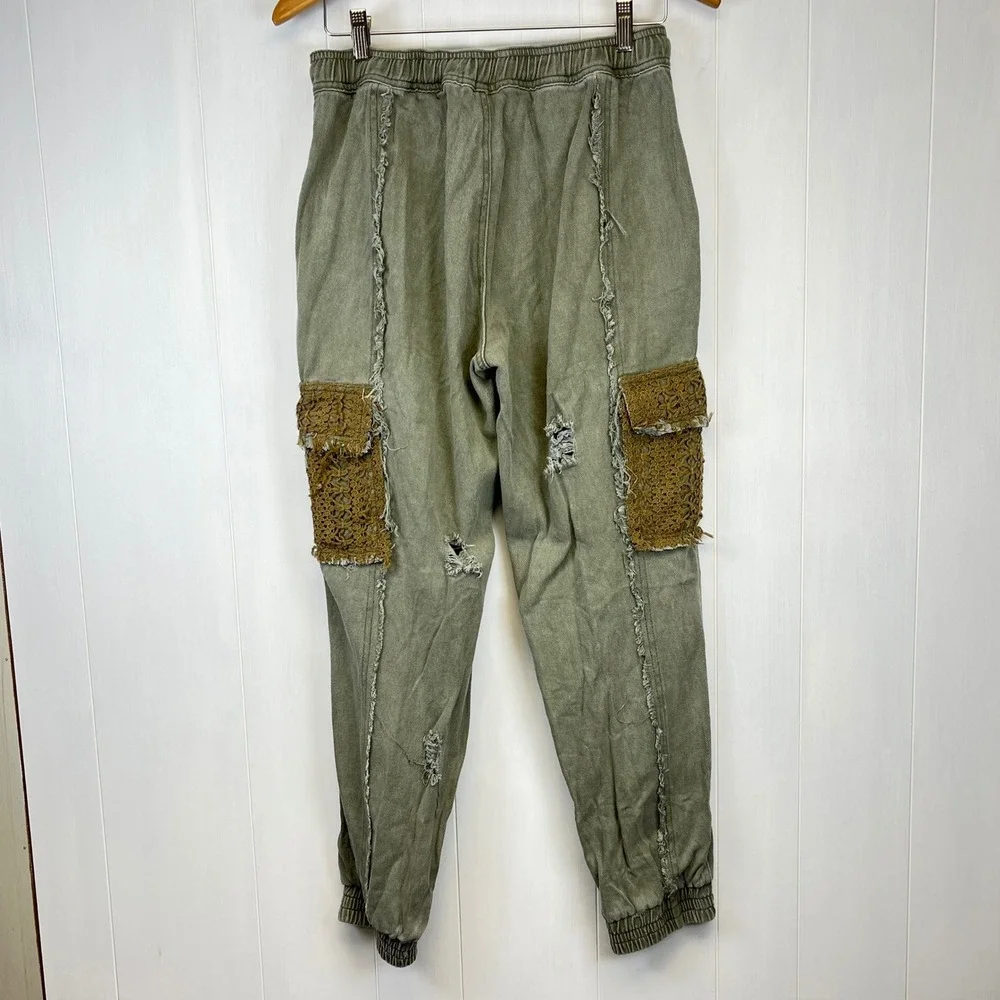 POL Elliot Joggers Small Crochet Lace Distressed Cargo Patch Pants Boho Festival